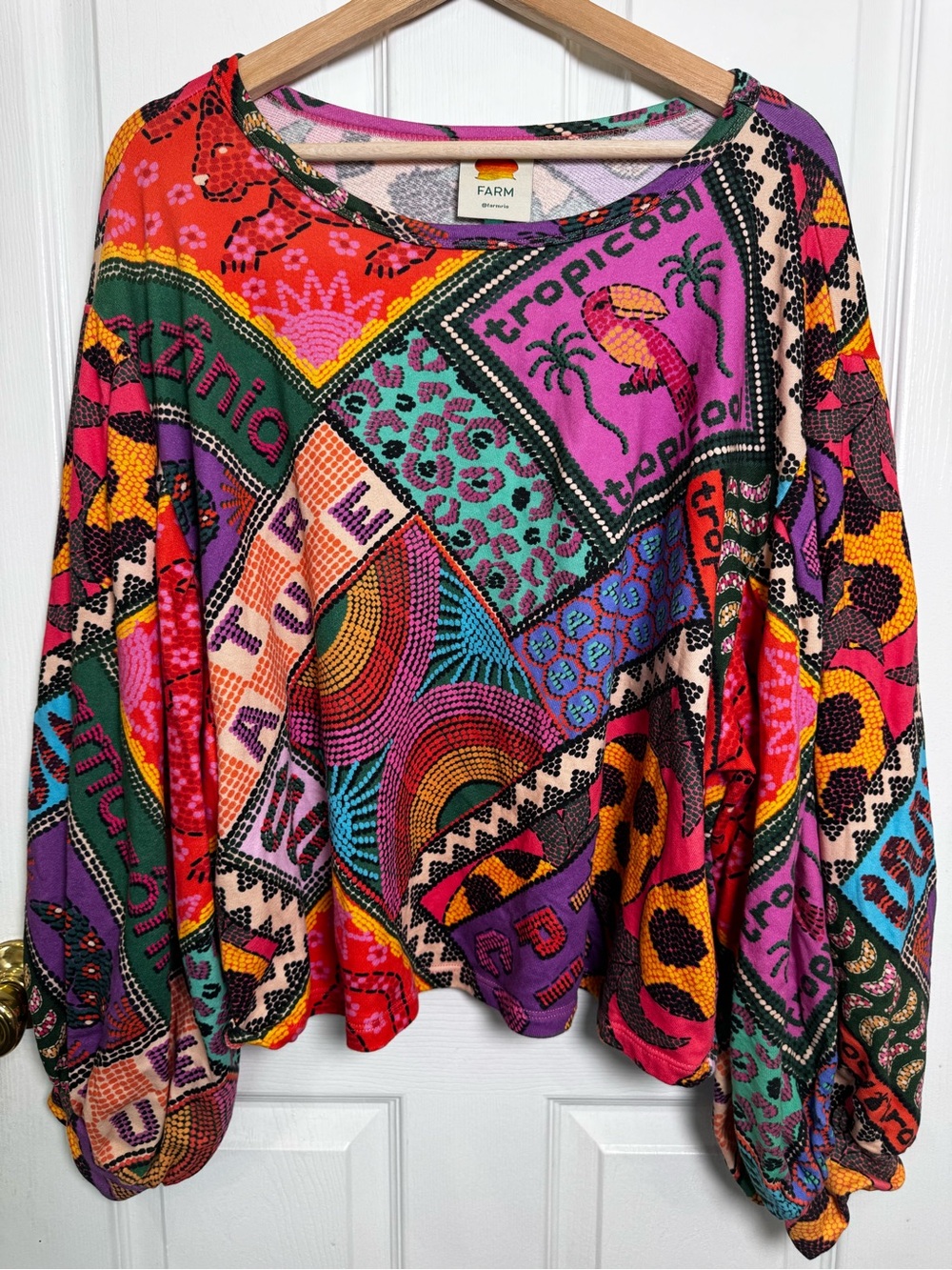 FARM Rio Dotted Patch Scarf Sweatshirt XL Maximalist Dopamine Tropical Print